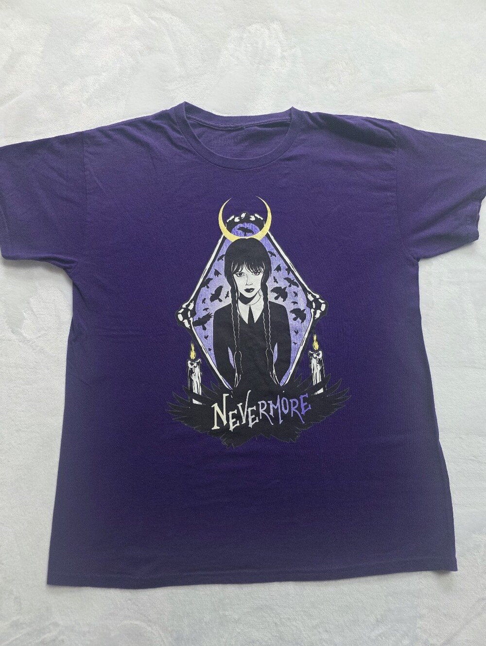 Wednesday Addams Nevermore Graphic Tee Purple Gothic Raven Moon Large